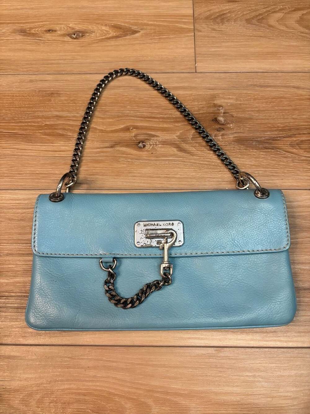 Vintage Michael Kors Light Blue Leather Chain Strap Shoulder Bag Flap Clutch